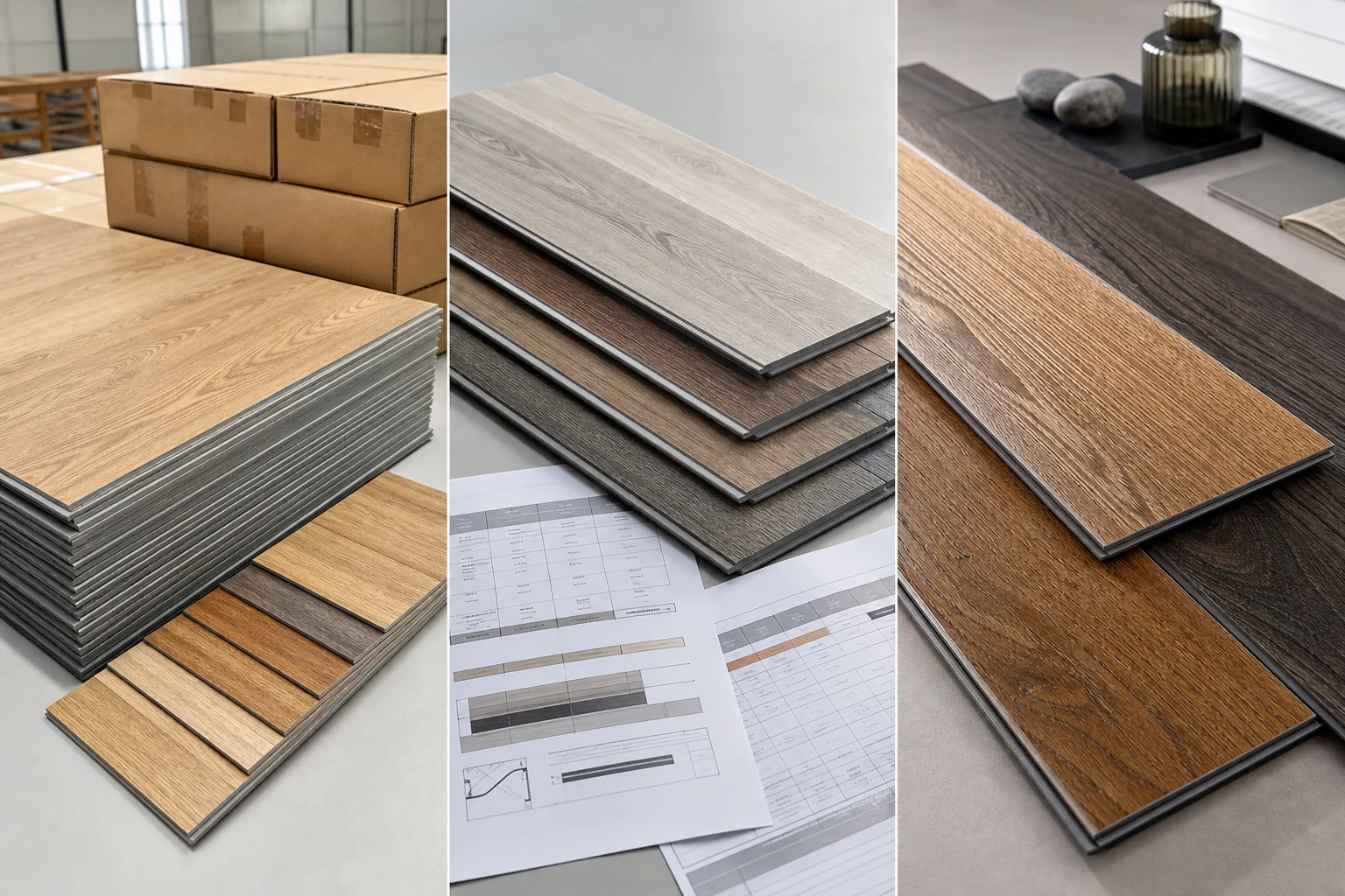 SPC flooring manufacturing country comparison with sample boards