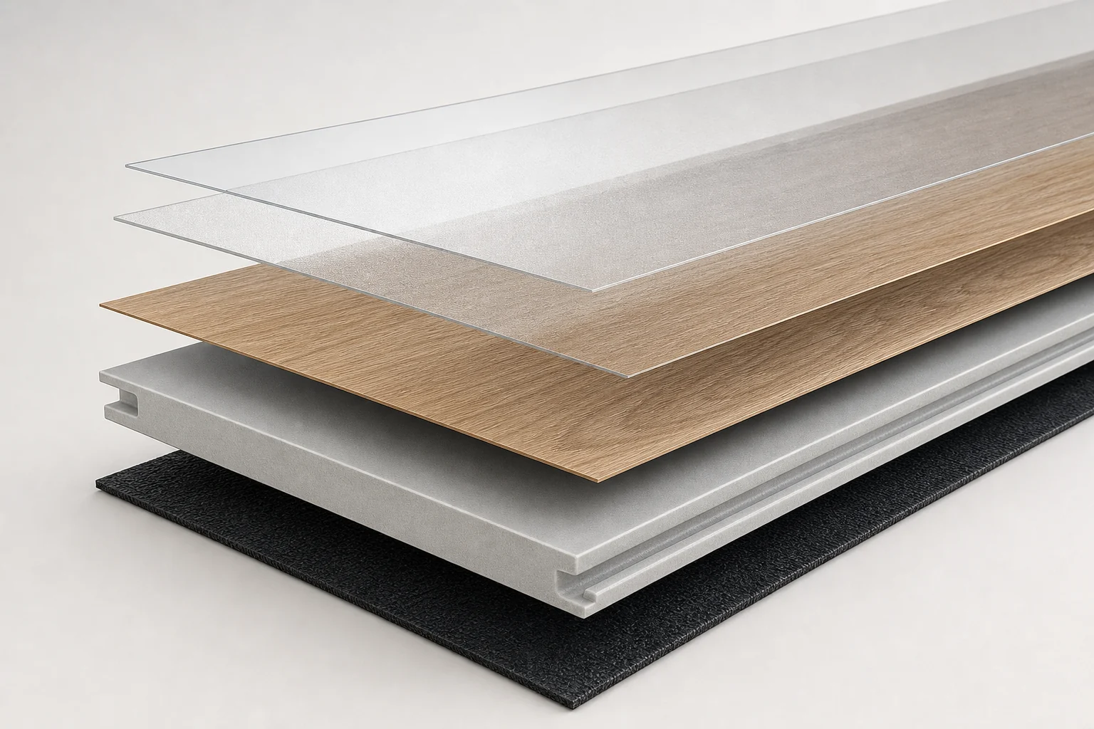 SPC flooring structure showing UV coating, wear layer, decorative film, rigid core, and backing
