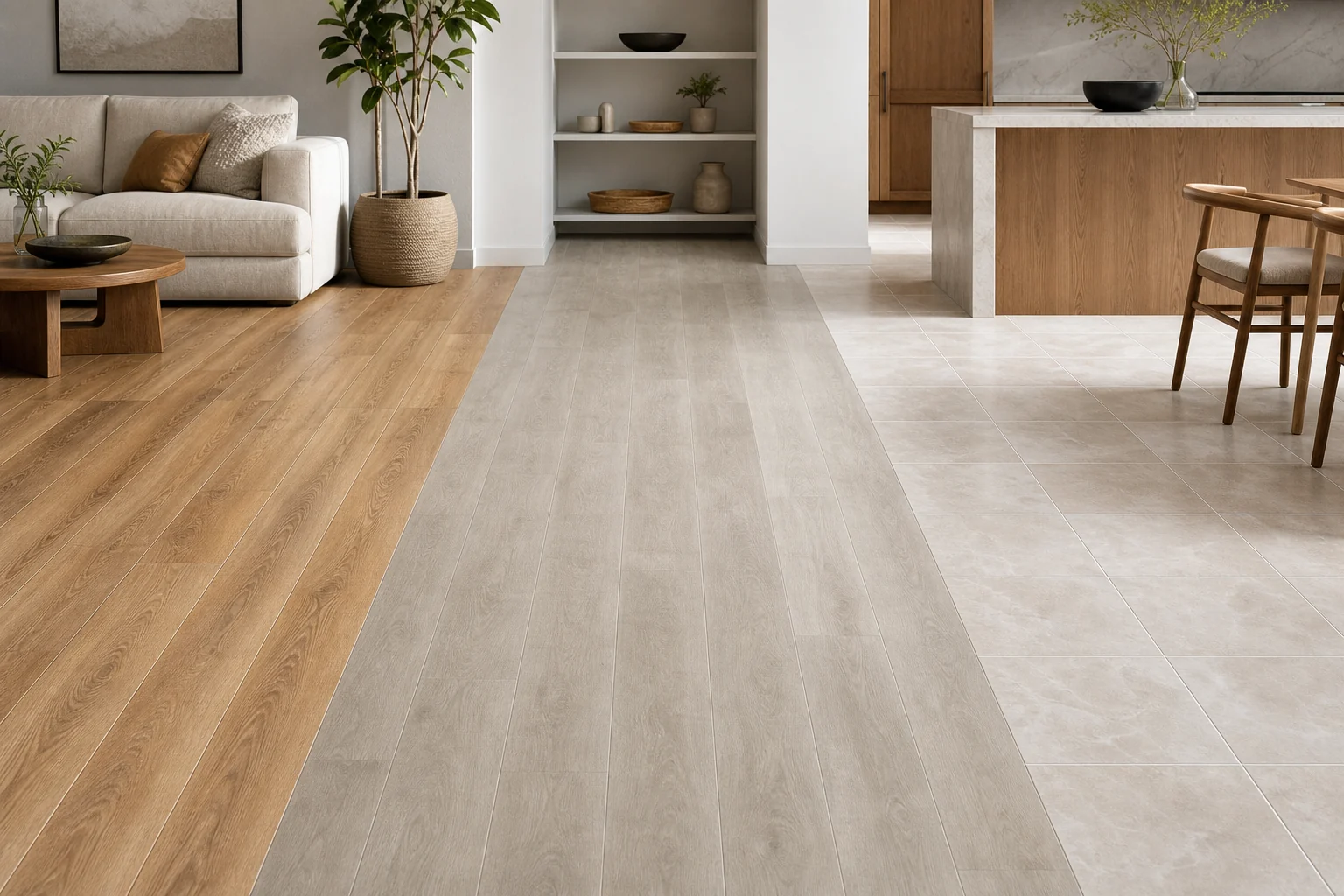 Unlabeled comparison of SPC flooring, LVT-style flooring, and ceramic tile surfaces